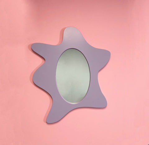front view, wavy mirror, curvy mirror, aesthetic mirror, purple mirror, asymetric, danish pastel, drip, acrylic mirror, pastel decor